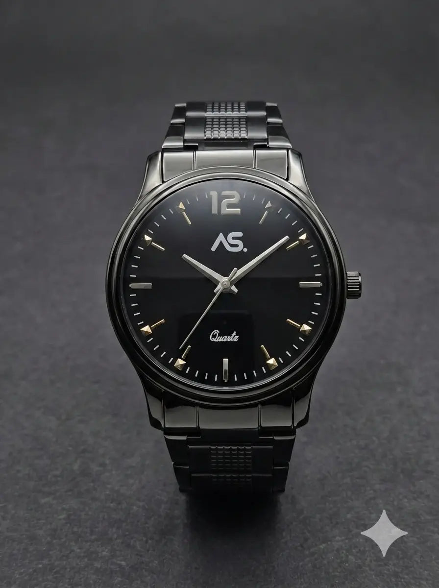 AS. Classic Noir – Sophistication in Every Detail / Black Colour Mens Watch / Black dial quartz bracelet watch under 2000 - Ashoka Watch Company