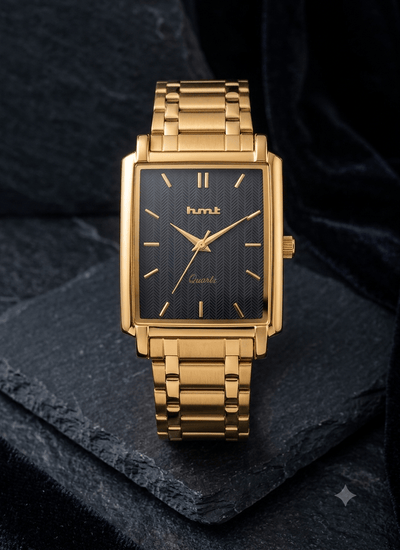 HMT Quartz Rectangular Gold - Tone Men's Watch with Textured Black Dial - Ashoka Watch Company