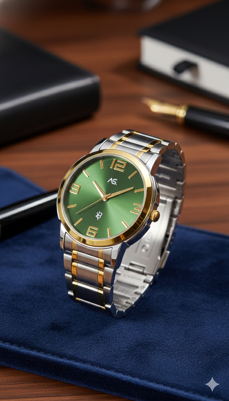 Silver and gold watch with green dial on a blue cushion, with a blurred background of books and a pen.