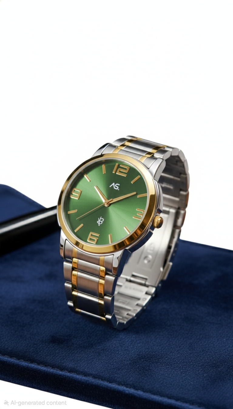 Silver and gold watch with a green face on a blue cushion