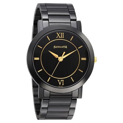 Sonata Quartz Analog Black Dial Metal Strap Watch for Men