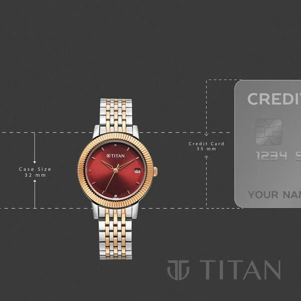Titan Karishma Quartz Analog Red Dial Two Toned Stainless Steel Strap Watch For Women