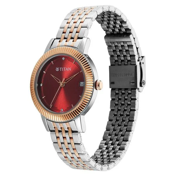 Titan Karishma Quartz Analog Red Dial Two Toned Stainless Steel Strap Watch For Women