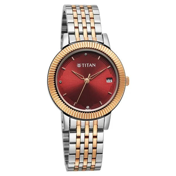 Titan Karishma Quartz Analog Red Dial Two Toned Stainless Steel Strap Watch For Women