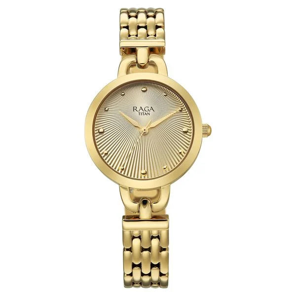 Titan Raga Showstopper Quartz Analog Silver Dial Golden Metal Strap Watch For Women
