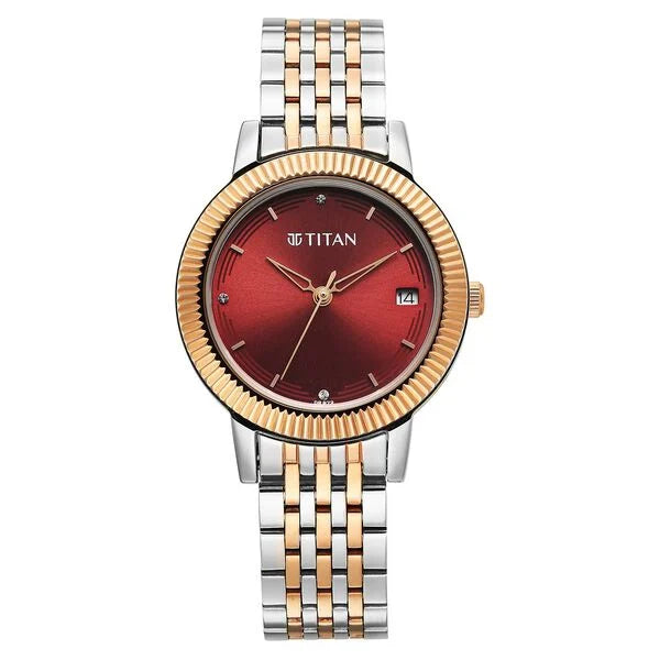 Titan Karishma Quartz Analog Red Dial Two Toned Stainless Steel Strap Watch For Women