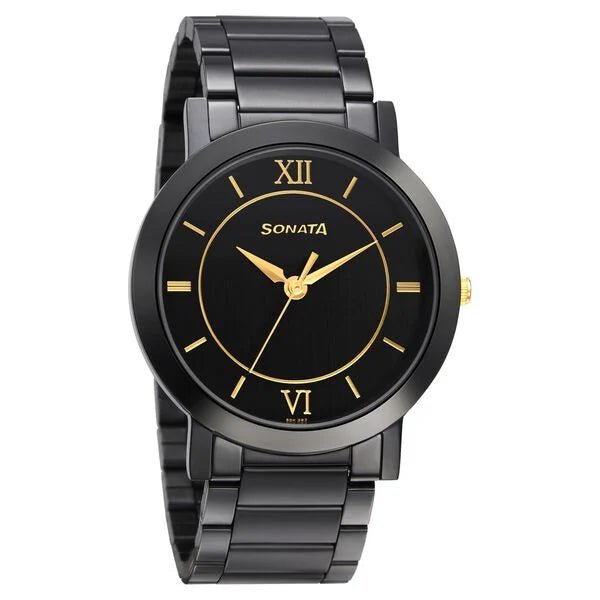 Sonata Quartz Analog Black Dial Metal Strap Watch for Men - Ashoka Watch Company