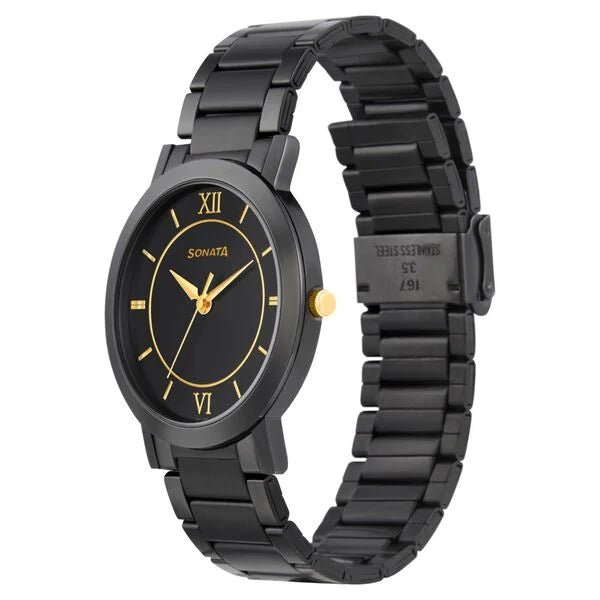 Sonata Quartz Analog Black Dial Metal Strap Watch for Men - Ashoka Watch Company