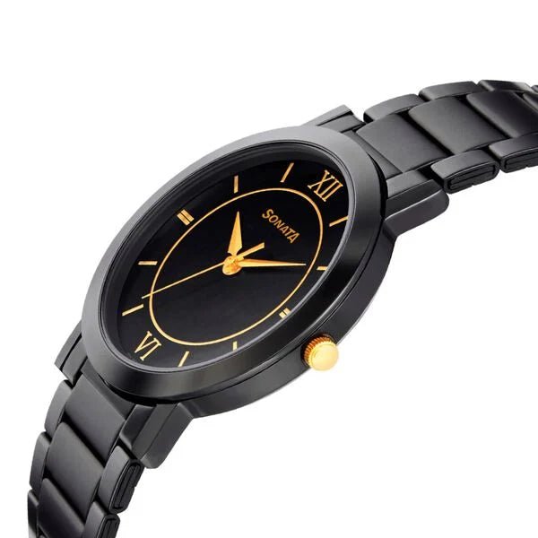 Sonata Quartz Analog Black Dial Metal Strap Watch for Men - Ashoka Watch Company