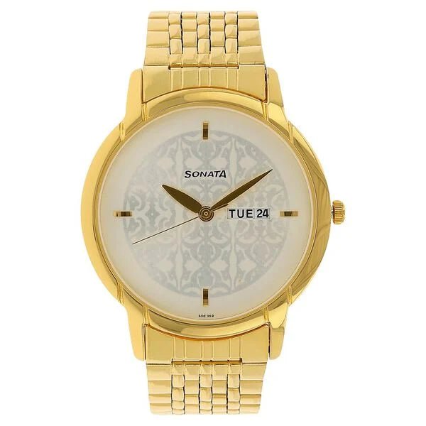 Sonata Quartz Analog with Day and Date Silver Dial Golden Stainless Steel Strap Watch For Men - Ashoka Watch Company