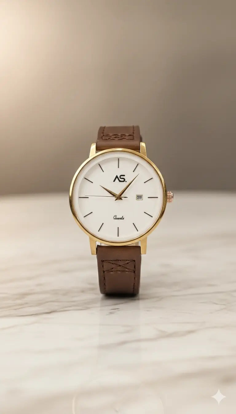 The Heritage Gold & Leather Classic – Matte White Dial / Leather Band Watch - Ashoka Watch Company
