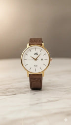 The Heritage Gold & Leather Classic – Matte White Dial / Leather Band Watch - Ashoka Watch Company