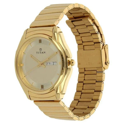 Titan Quartz Analog with Day and Date Champagne Dial Golden Stainless Steel Strap Watch For Men - Ashoka Watch Company